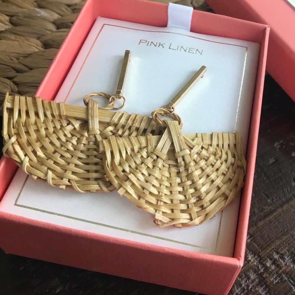 Pink Linen Woven Fan Earrings NEW in Box